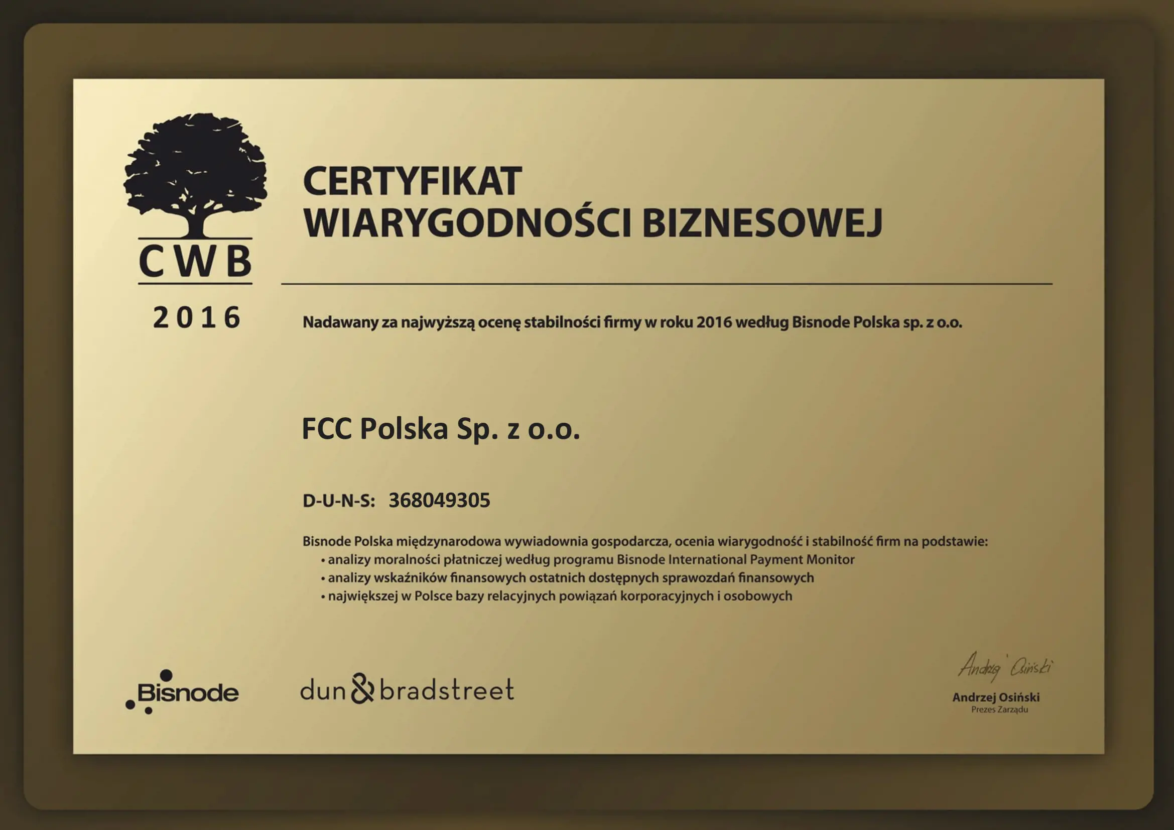 Certificate of Business Credibility for FCC Polska 